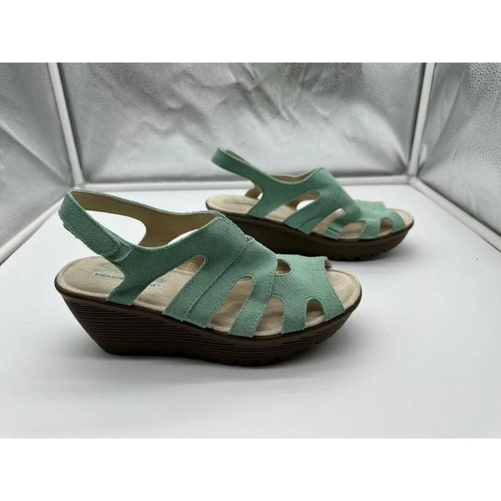 Skechers Parallel‎ Mint Green Suede Memory Foam Wedge Sandals Womens 6.5